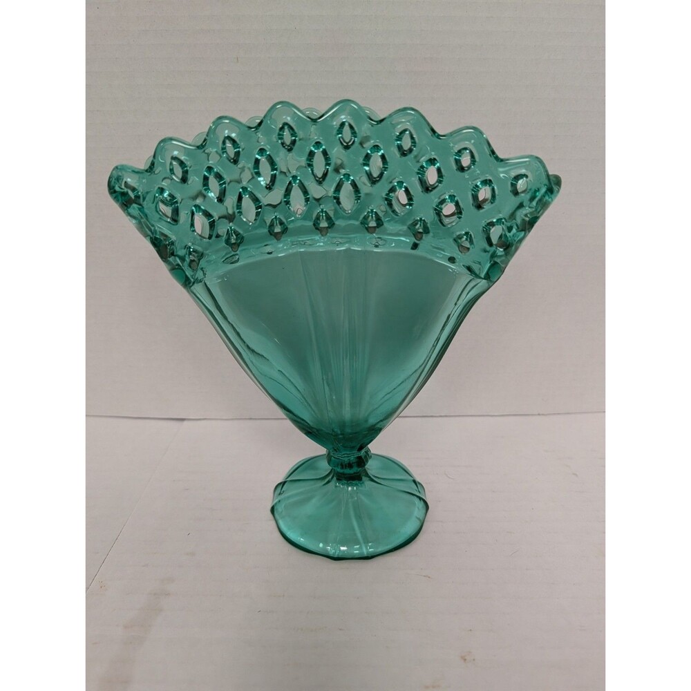 Tiffin Glass Teal Reticulated 8 Inch Open Lace Vase (Glows) Internal Chip